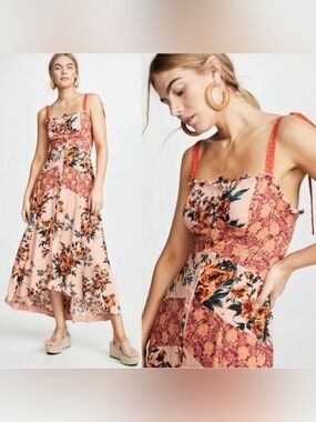 Free People Lover Boy Maxi Dress Size 2 Coral Combo Button Tie Straps Floral